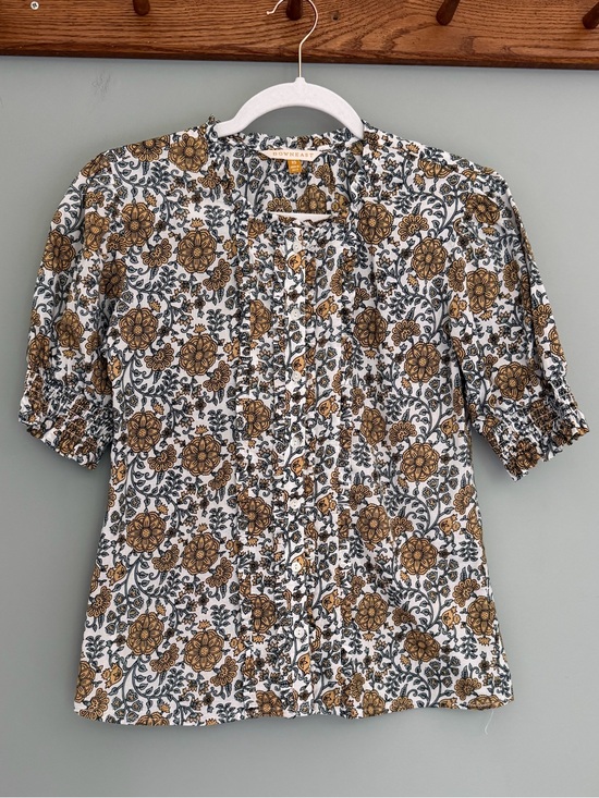 DownEast Tops - Downeast Boho Floral Print Puff Short Sleeve Button Down Blouse Top Cottagecore